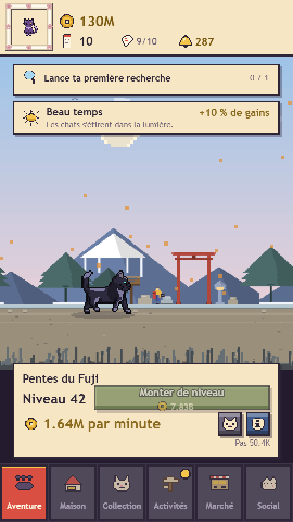 Un chat en promenade sur les pentes du Fuji, avec la météo du jour et la barre de niveau.