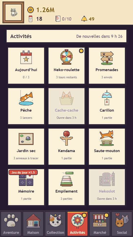 L'écran des activités : les petits jeux sur une grille, dont deux qui attendent la nuit